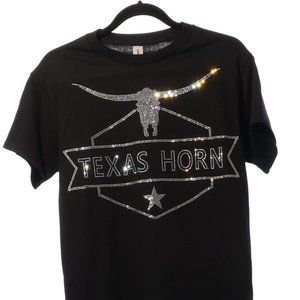 High Quality Texas Longhorn Rhinestone Bling Bling Short Sleeve T-shirt